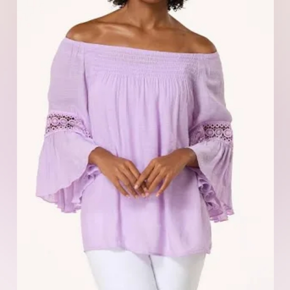 Cato Smocked Purple Crochet Bell Sleeve Top, Size XL, NWOT
